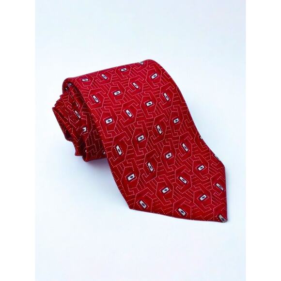 Christian Dior Monsieur Geometric Red Silk Tie Made in USA Fabric VTG - Picture 4 of 10